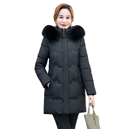 Winter Damen Parkas Kapuzenfell Kragen Lange Daunenjacken Winter Elegant Mittelalter Kleidung, Schwarz , 6X-Large