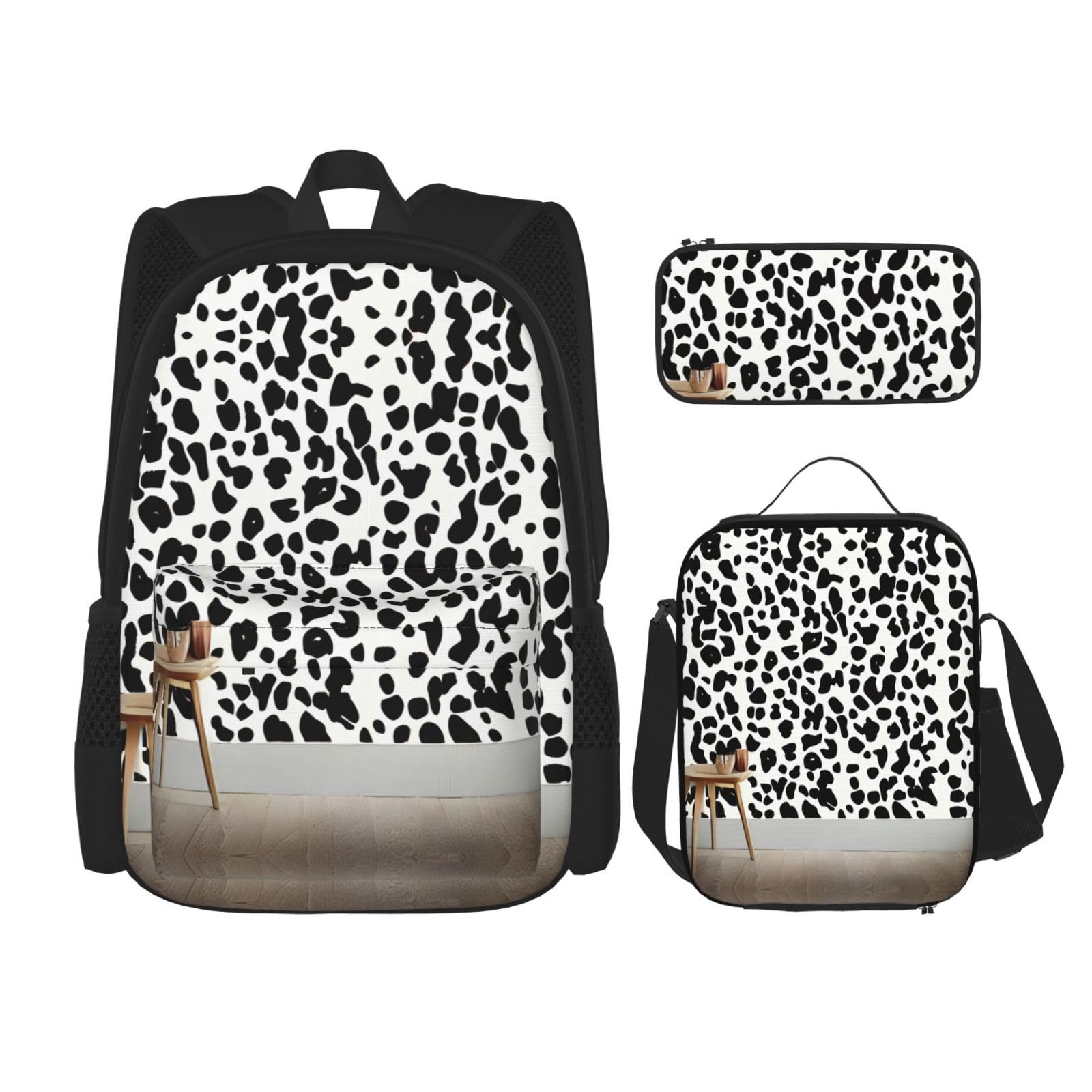 WURTON Leopard gemusterte Tapetendruck Lunchbox Federmäppchen Rucksack Set 3 Stück verstellbare Träger langlebig leicht schwarz Einheitsgröße, Schwarz, One Size