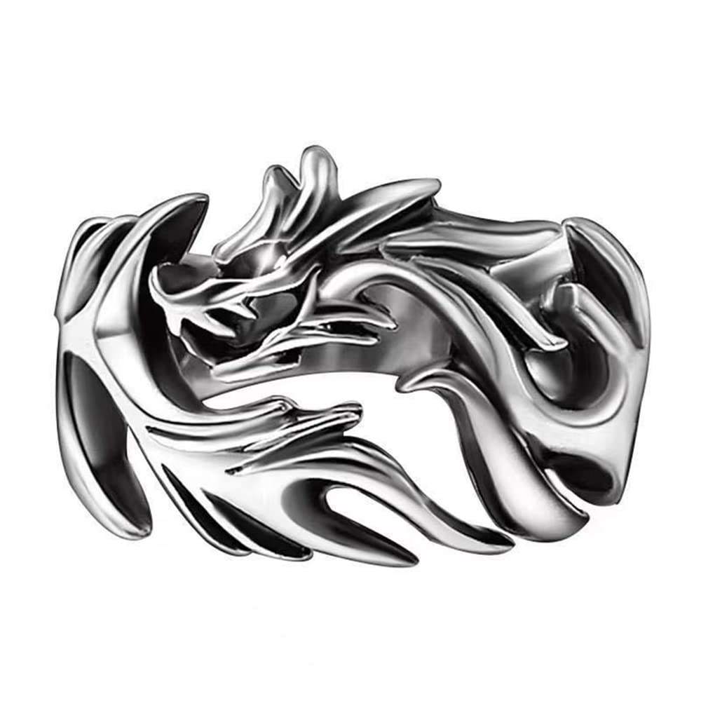 VOYADE Drachenring S925 Sterling Silber Dominante Flamme Drachenring Gothic Herren Retro-Drache End-To-End-Öffnung Verstellbarer Ring,Silber,7