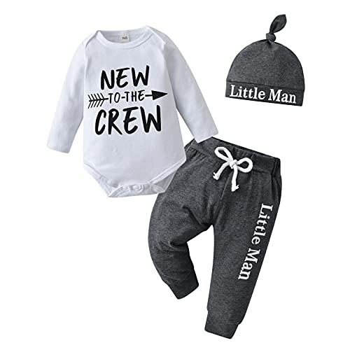 Tinykeke Neugeborenes Baby Jungen Kleidung Langarm Strampler New to The Crew Tops + Hut + Hose 3 tlg Babykleidung Set (6-9 Monate)