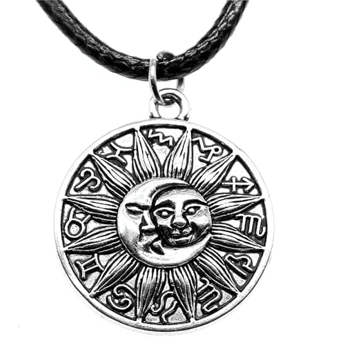 XIPIEIO Herrenmode-Trend-Halskette mit Sonne- und Mond-Totem-Anhänger schwarze Lederkette runde Form Sonne- und Mond-Totem-Seilkette personalisiertes Geschenk