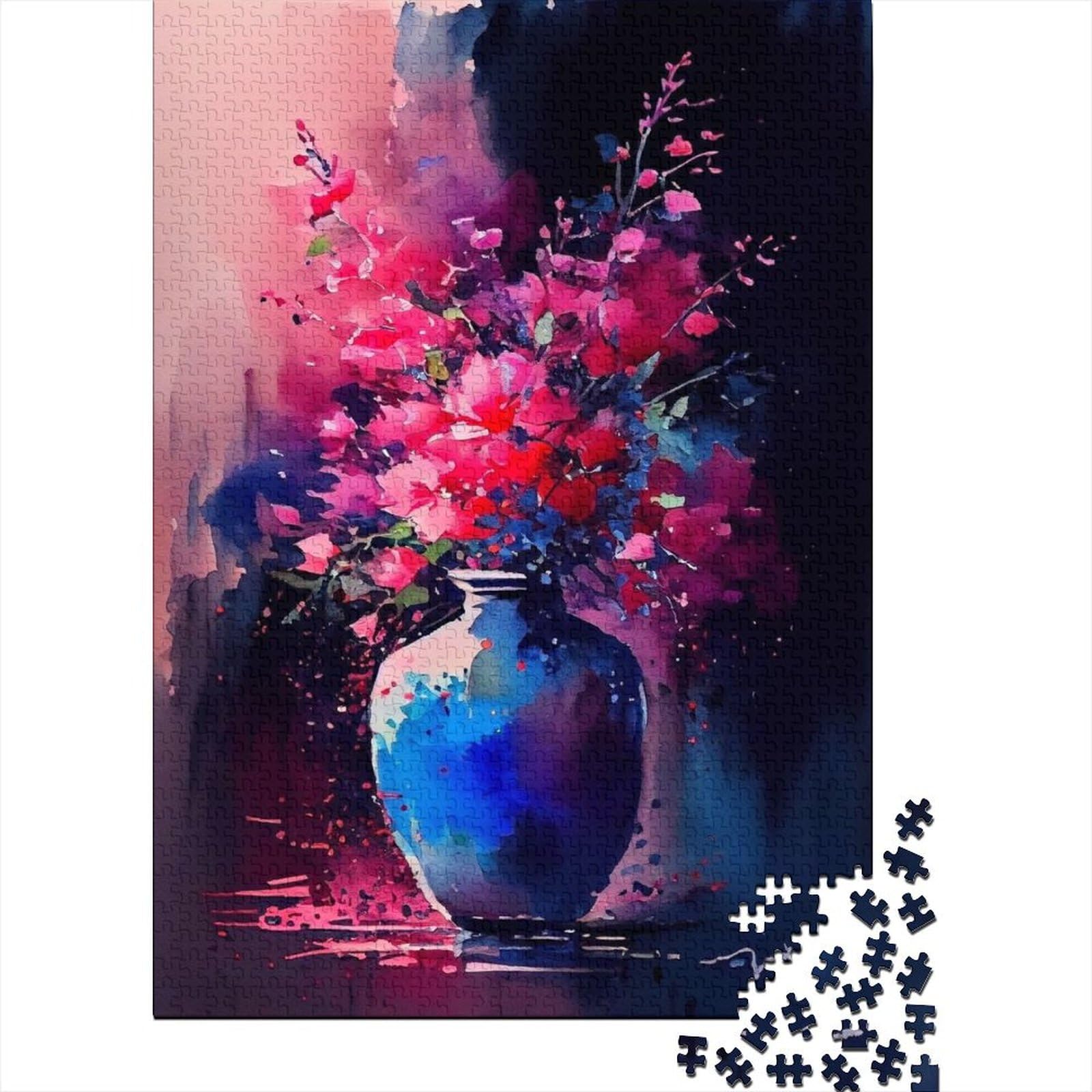 Holzpuzzle mit rosa und blauen Blumen für Erwachsene, Puzzlespielzeug, Puzzle für Erwachsene, 1000-teiliges Puzzle für anspruchsvolles Puzzlespiel und Familienspiel, 75 x 50 cm