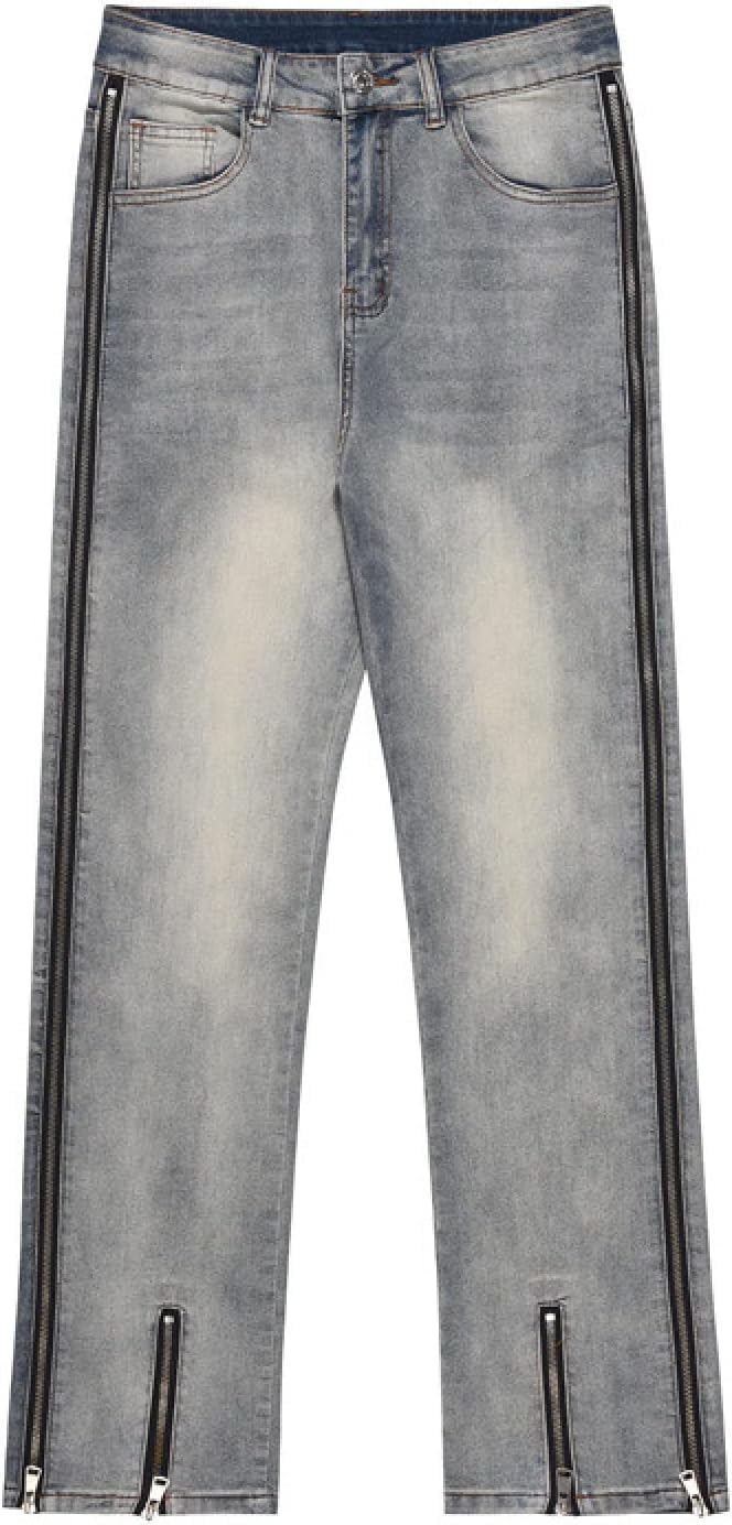 Gewaschene Jeans für Herren, modisches Design mit seitlichem Reißverschluss, Straßentrend, lockere, gerade, vielseitige, lässige Denim-Hose für Vier Jahreszeiten, Blau, S