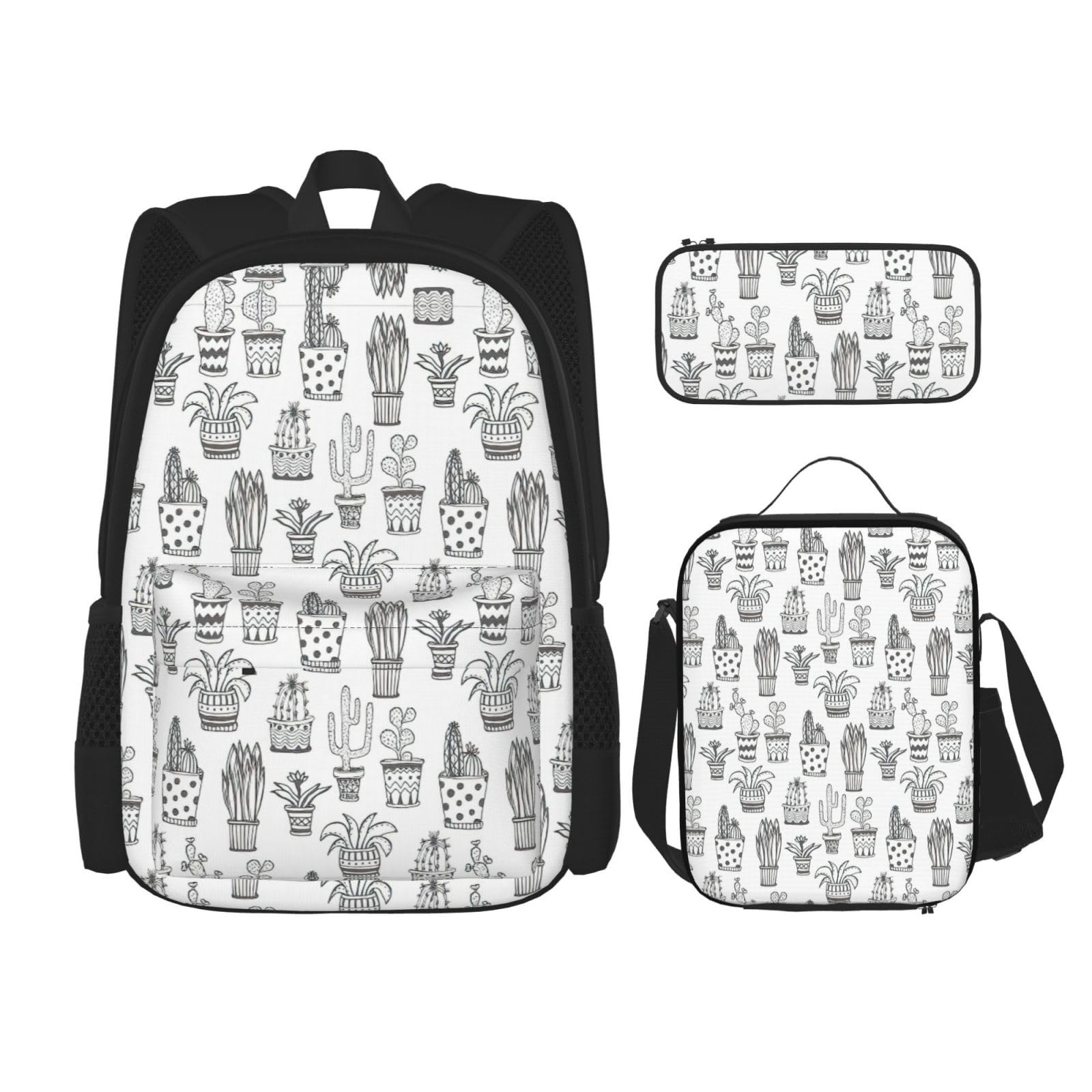 WURTON Rucksack-Set mit Kaktus-Pflanzen-Druck, verstellbare Schultergurte, Lunch-Tasche, Federmäppchen, Kombinationstaschen-Set