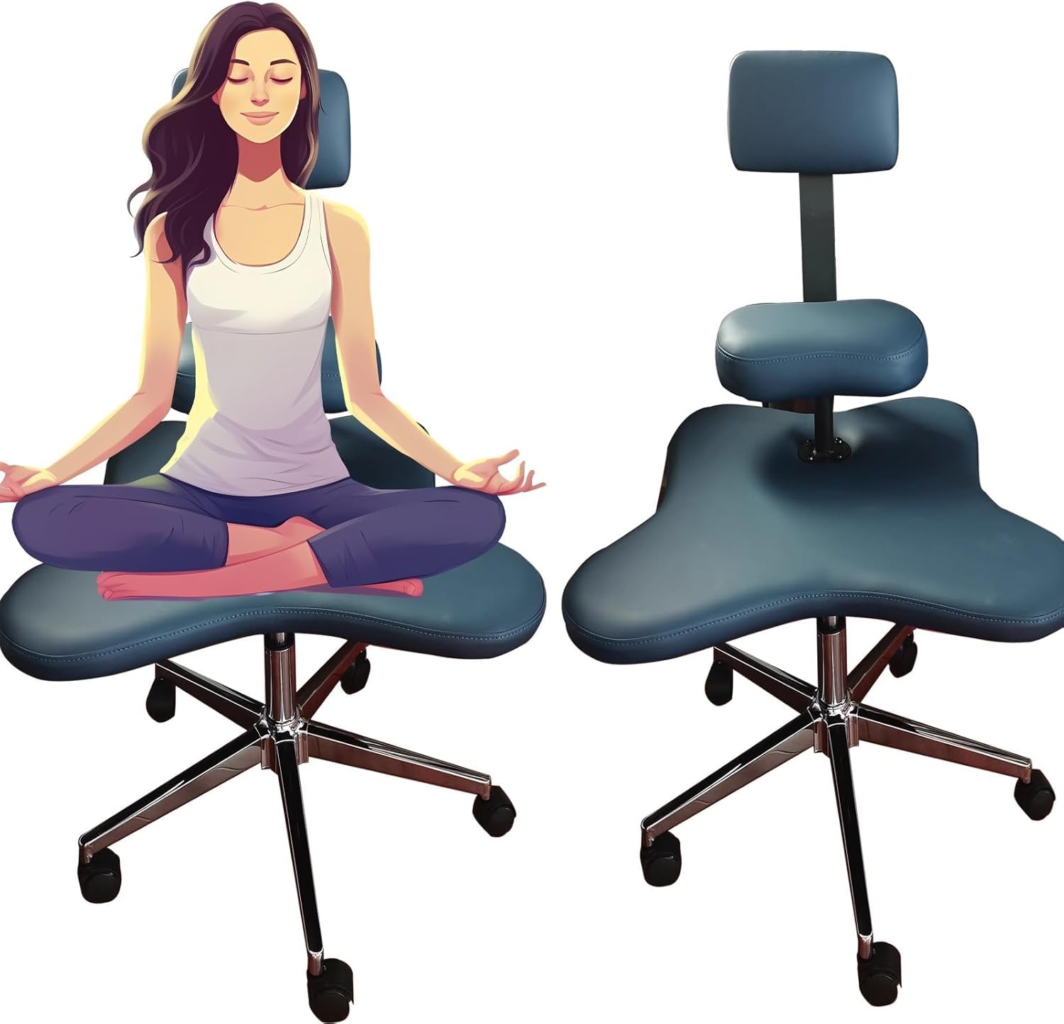 Ergonomischer Bürostuhl mit gekreuzten Beinen und Rollen, Verstellbarer Meditationshocker ohne Armlehnen, Schreibtischsitz für Erwachsene zum Sitzen mit gekreuzten Beinen, Blau