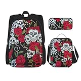 WURTON Rose Skull Eyes Print Trendy Rucksack Taschen Lunchbox und Federmäppchen 3 in 1 Verstellbarer Rucksack Set, Schwarz, Einheitsgröße, Schwarz , Einheitsgröße