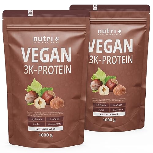 PROTEINPULVER VEGAN Haselnuss 2000g - 83,5% Eiweiß - Shape & Shake 3k-Protein Nuss 2kg - Nutri-Plus Veganes Eiweißpulver ohne Lactose, Milch & Whey - Hazelnut Flavor
