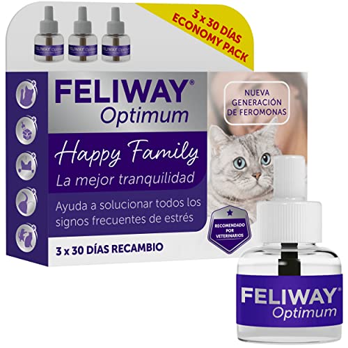 FELIWAY Optimum – Neue Pheromona-Generation – Lösung aller Katzen-Stress-Zeichen – Kratzer, Ängste, Veränderungen, Markierung mit Urin und Konflikten zwischen Katzen, 3 Nachfüllpackungen à 48 ml