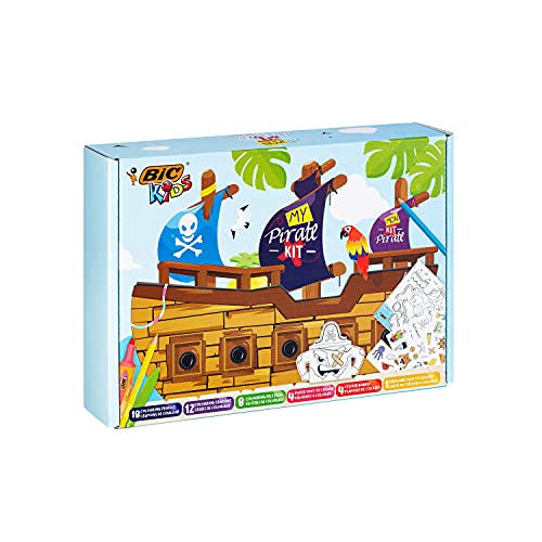 BIC Kids Stifte Set: 18 Buntstifte, 8 Filzstifte, 12 Malkreiden, Sticker und Ausmalfiguren, My Pirate Kit