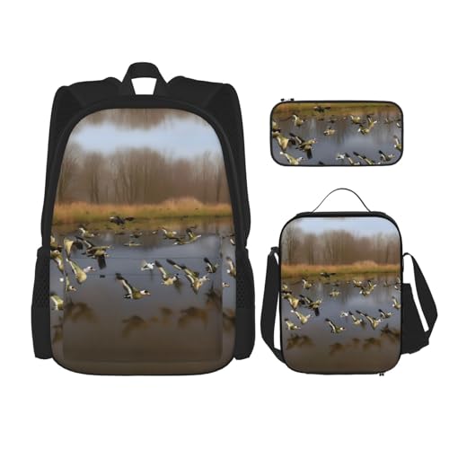 WURTON Jagd fliegende Wildenten Druck Reise Lunchbox Federmäppchen Rucksack Set 3 Stück Verstellbare Träger Leicht, Schwarz, Einheitsgröße