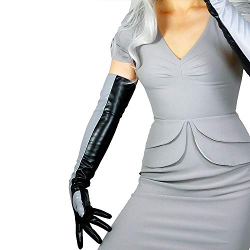 DooWay Lange Leder-Opernhandschuhe für Damen, Abend-Party, Kostüm, Kunstleder, Cosplay, Kleid, Zubehör, 61 cm, Grauer Touchscreen, Medium