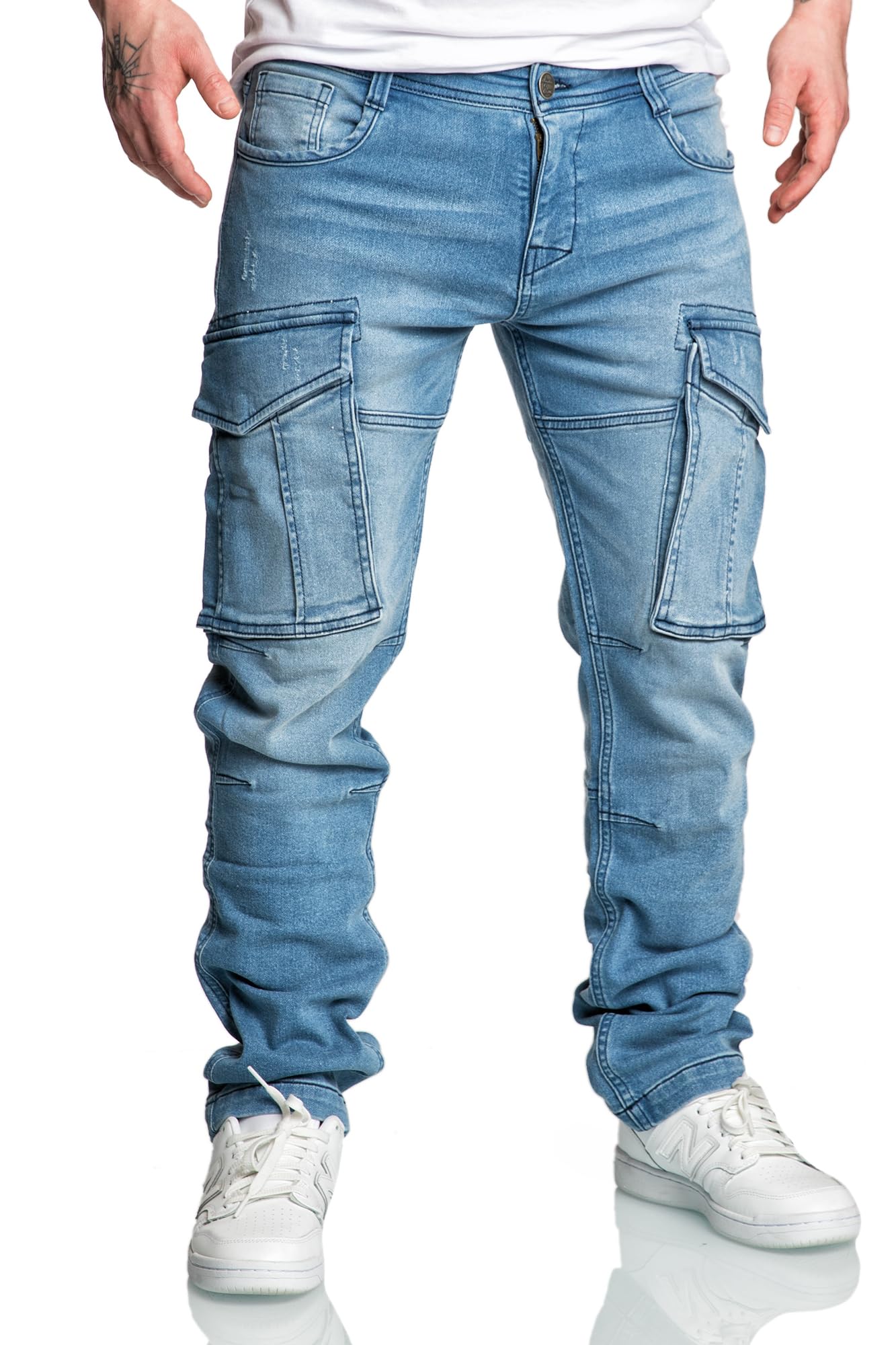 Amaci&Sons Herren Sweathose in Stretch Denim Männer Cargo Jogging Jeans 7026 Hellblau W34