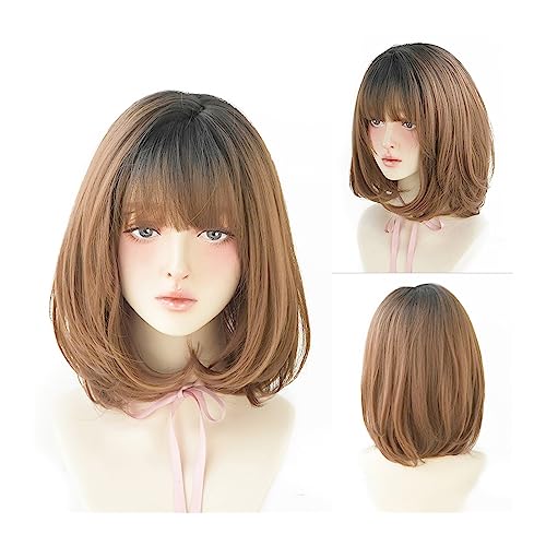 Perücke für Frauen Perücke, schwarz, natürlich, kurze Perücken, gerade Perücken mit Pony, braun, rosa, synthetisches Haar for Frauen, tägliches Cosplay, hitzebeständige Perücke Human Hair Wig(15.7inch