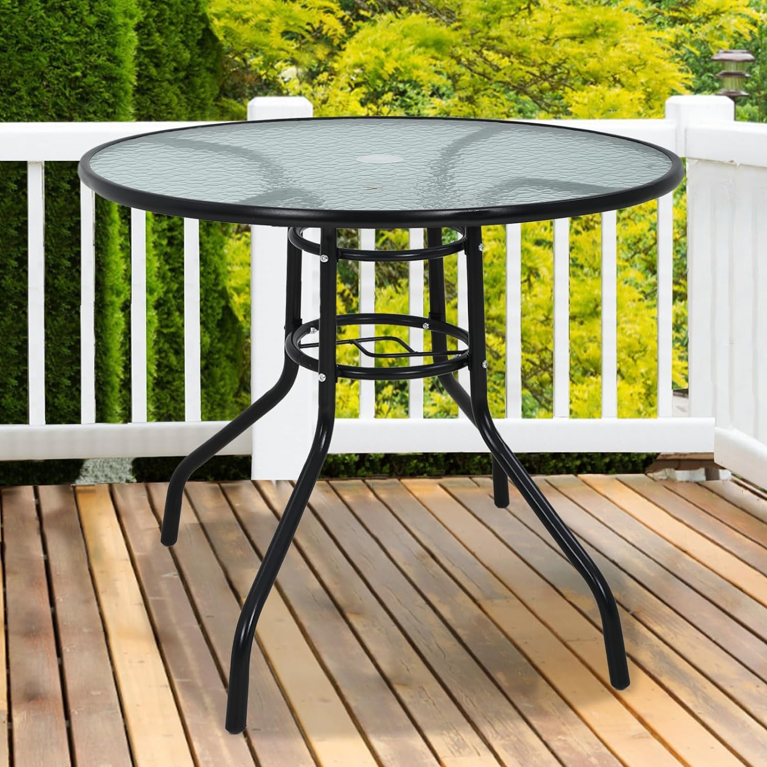 Gvqng Esstisch FüR DraußEn, Bistrotisch Mit Schirmloch, GehäRtetes Glas Terrassentisch Aus Metall, Gartentisch Balkontisch Couchtisch, Rechteckig Tisch Aus Metall Und Glas,Round