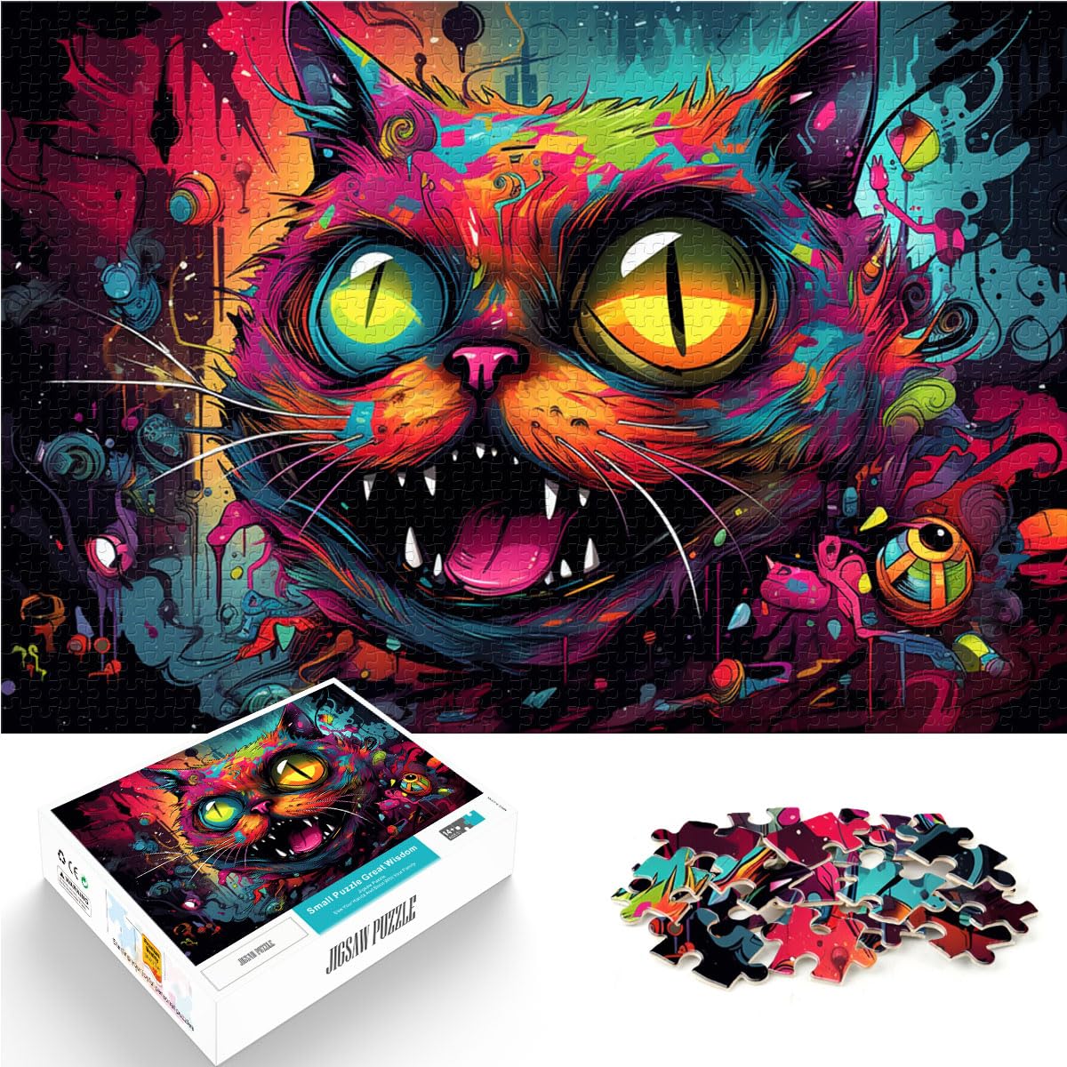 Spielgeschenk Puzzle psychedelische Farbkatze Puzzle 1000 Teile für Erwachsene Holzpuzzle Stressabbau Schwierige Herausforderung 1000 Teile (50x75cm)