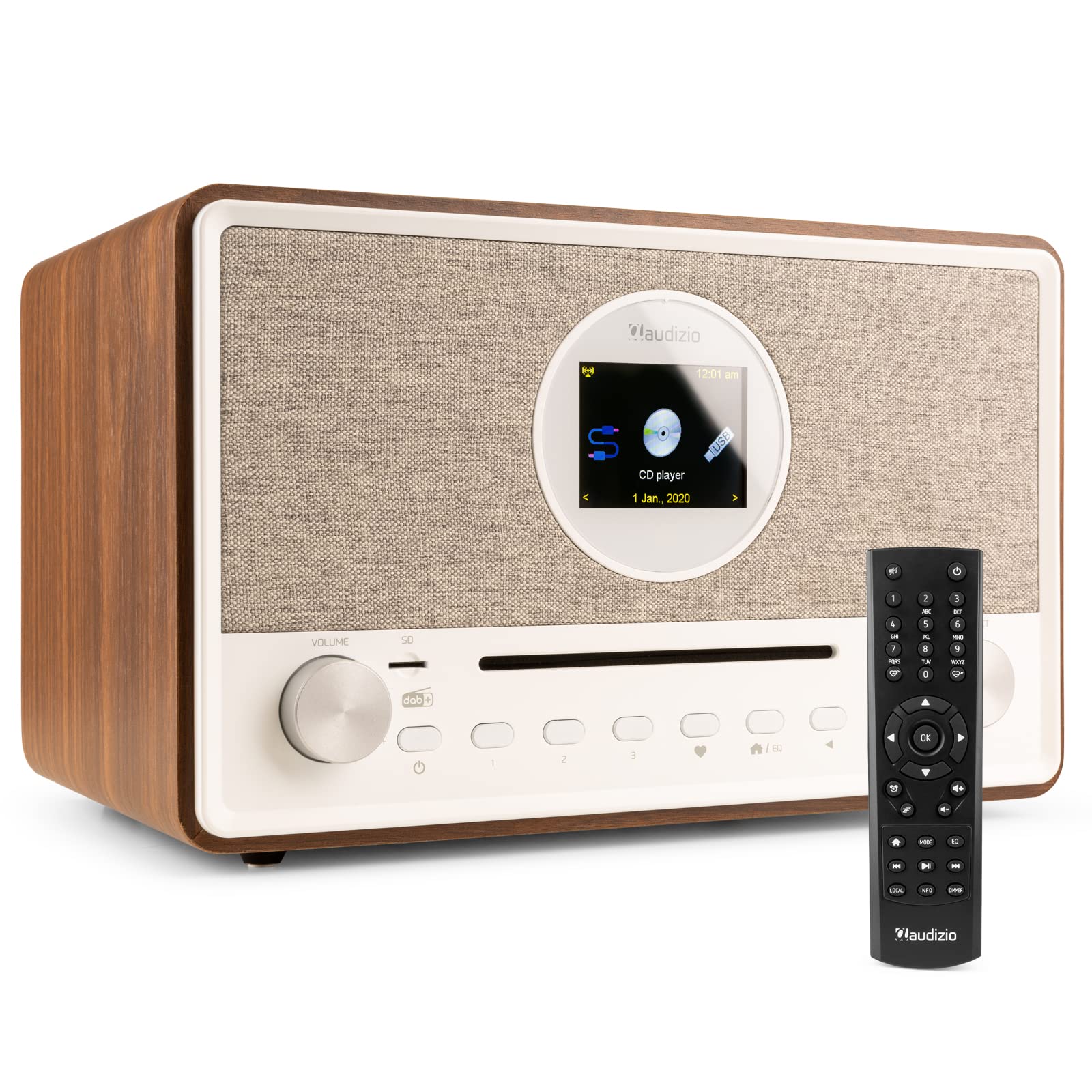 Audizio Lucca Stereo DAB Radio mit CD-Player, Internetradio, Bluetooth und MP3-Player, kristallklarer Sound, stilvolles Retro Design im Holzgehäuse, Radiospeicher, Display, Fernbedienung, Braun