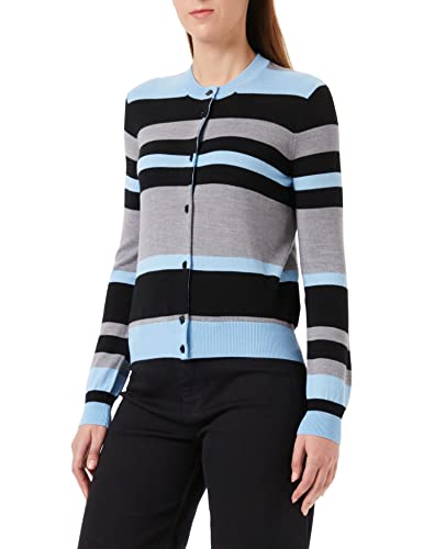 Love Moschino Women's Multicolor Striped Wool Blend, 12 Gauge, with Seasonal Heart and institutional Logo Intarsia. Cardigan, Black Sky White, 40