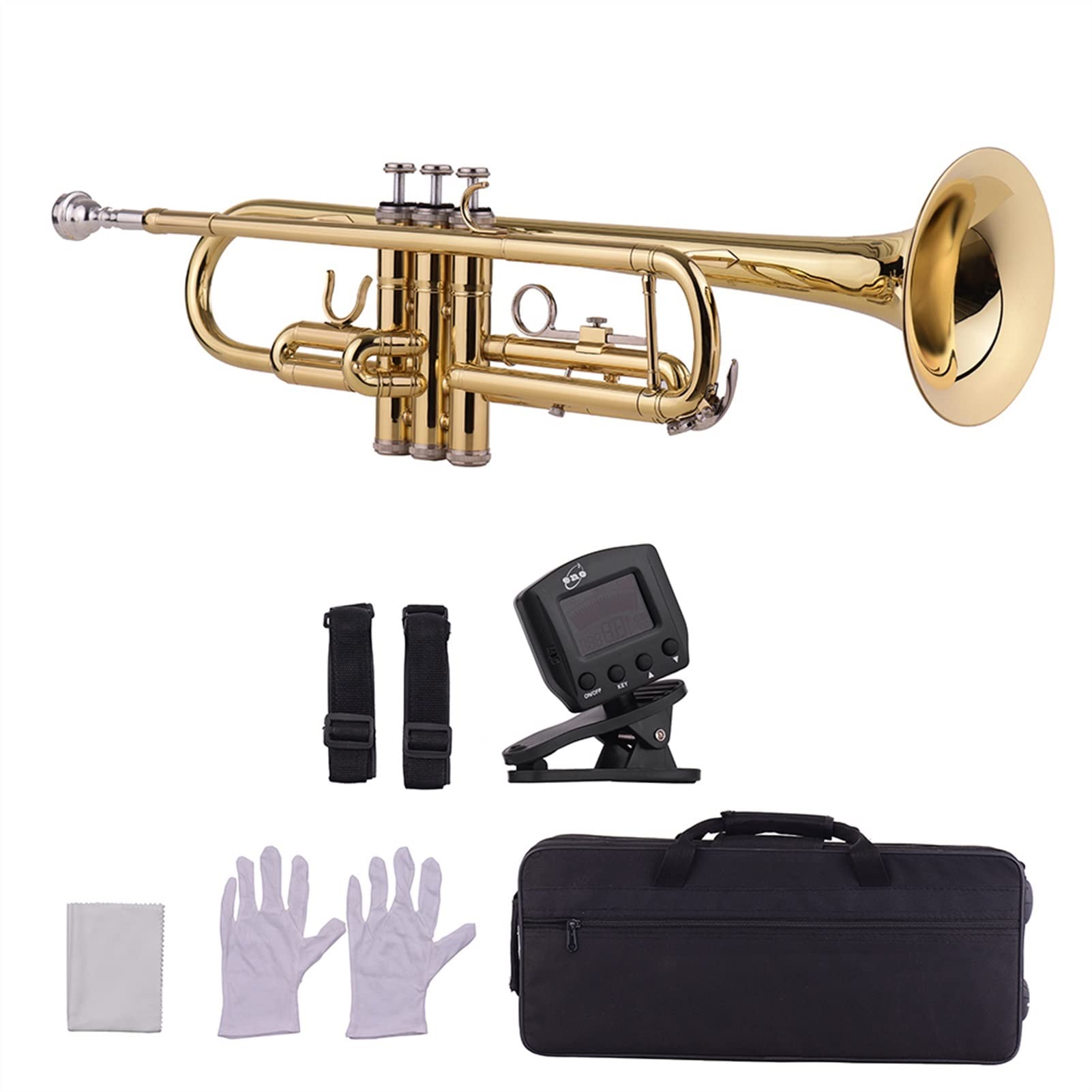 ZENGXUE Standard BB Trompete Messing Trompete Windinstrument Mit Mundstück Tragetasche Tasche Handschuhe Reinigung Tuch Tuner Standard-Trompetenset