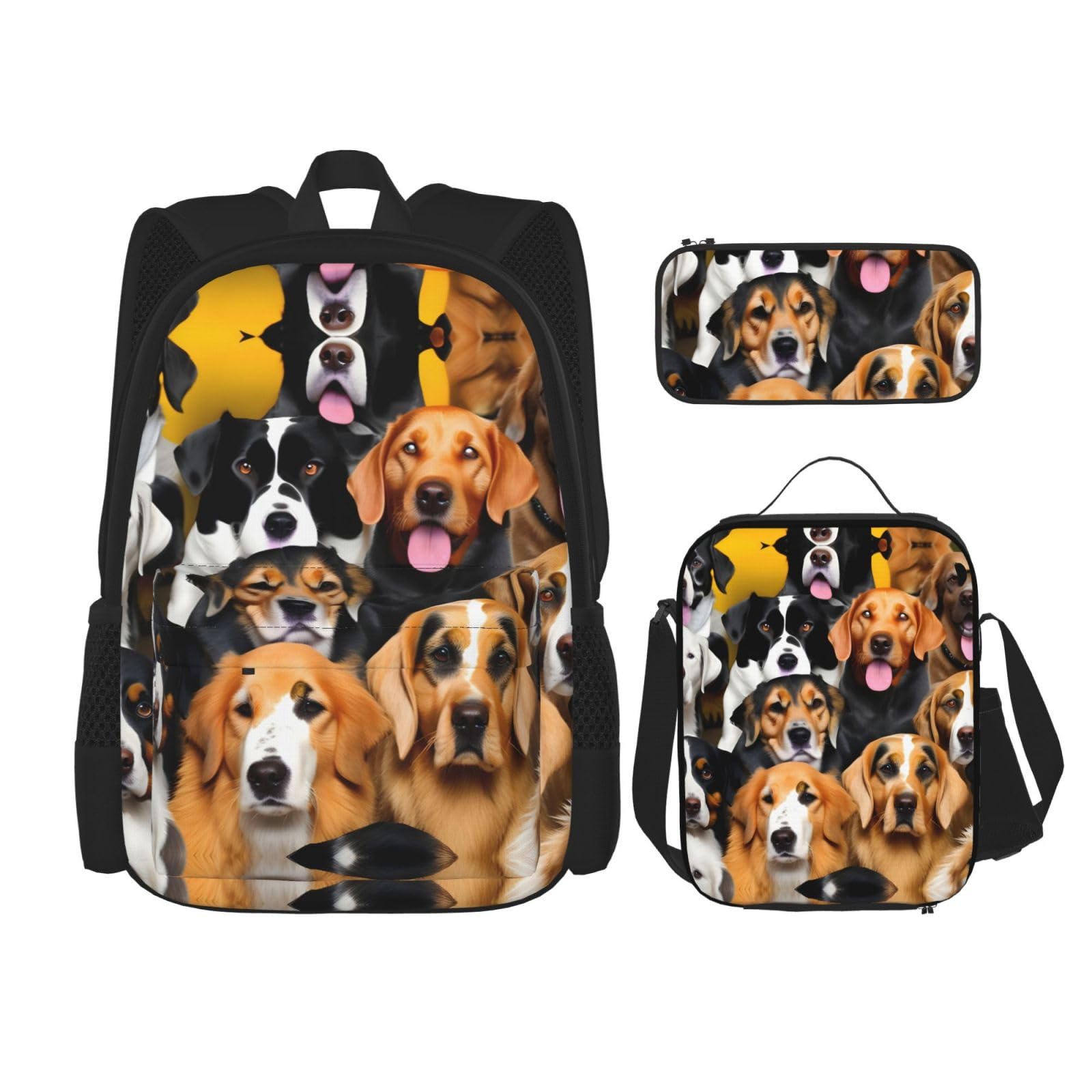 WURTON Lunchbox mit vielen Hunden, Federmäppchen, Rucksack-Set, 3-teilig, verstellbare Riemen, langlebig, leicht, Schwarz, One Size