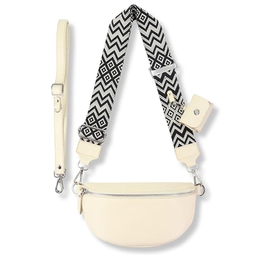 Blade Bauchtasche Damen Echtleder, stylisch Umhängetasche Damen, Crossbody Bag Damen mit 2 abnehmbaren verstellbaren Schultergurten und mit ETUI für Airpods Pro/3 für Frauen-Creme (Mittel/Opt-4)