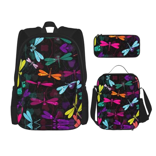 WURTON Rucksack mit niedlichem Libellen-Druck, für Mädchen, Jungen, Schultaschen, Teenager, Lunchbox und Federmäppchen, 3-in-1-Büchertaschen-Set