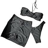 PTILSERY 3-teiliges Bandeau-Badeanzug-Set für Damen, mit Rückenband, zweiteiliges Neckholder-Badeanzug-Set mit gerüschtem Badeanzug, verdeckter Rock