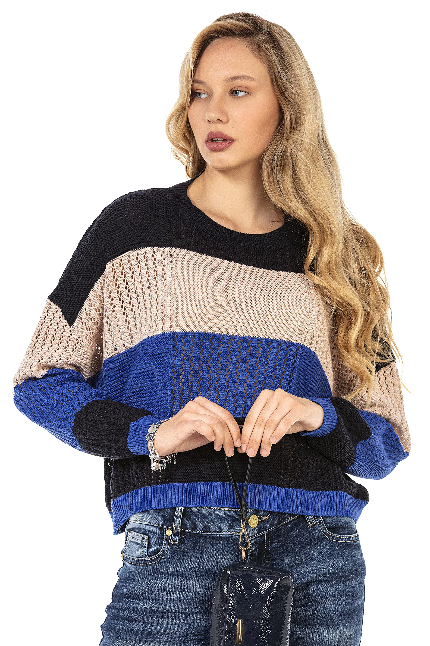 Cipo & Baxx Damen Pullover Strick Farbblock Pulli Sweater Langarm WP226 Blau M