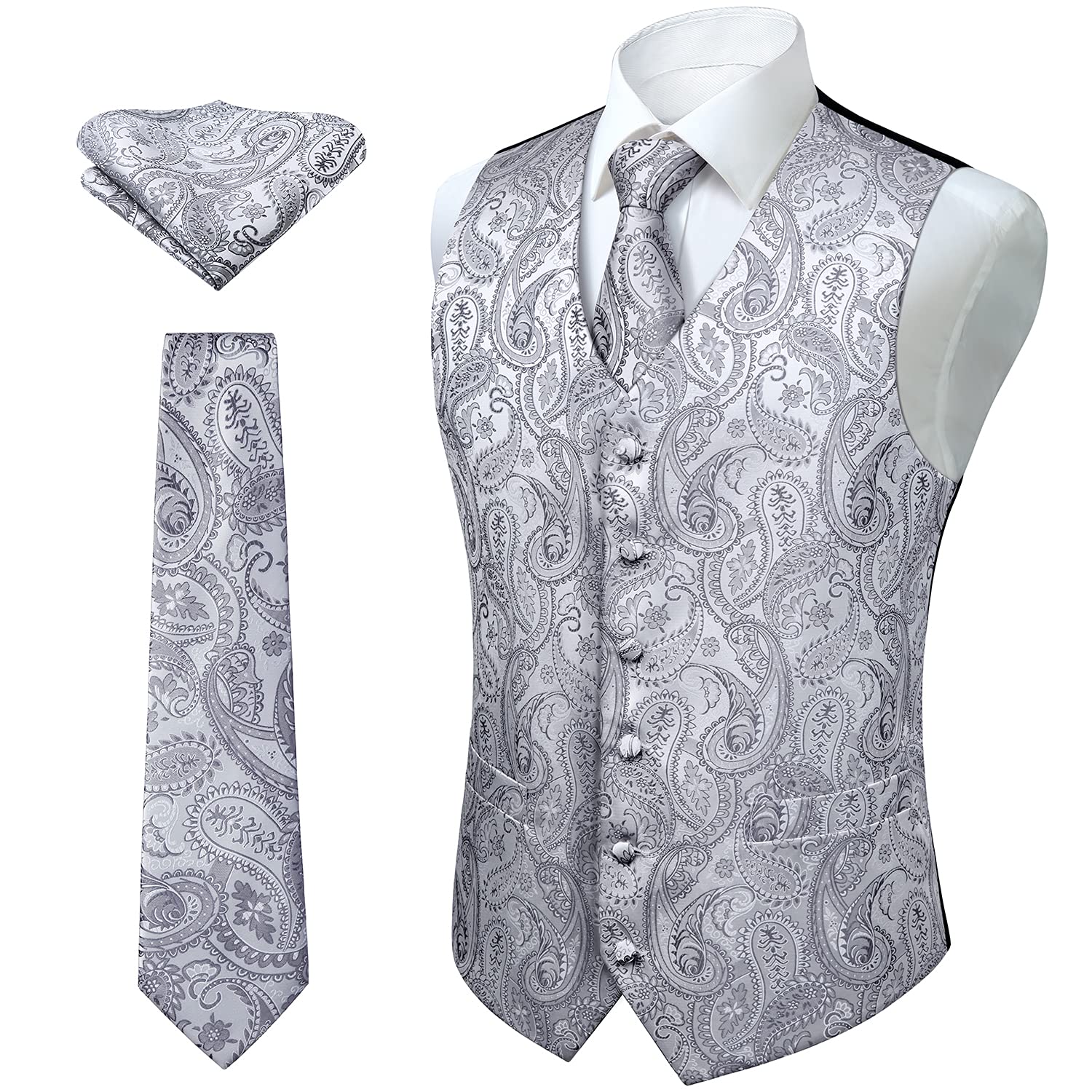 Enlision Herren Paisley Blumenhochzeit Jacquard Weste & Krawatte und Pocket Square Weste Anzug Set Grau