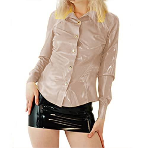 Office Lady Herbst PVC Bodycon Langarm Tops PU Leder Hemden Top Button Up Elastische Jacke Bluse, Hellbraun, M