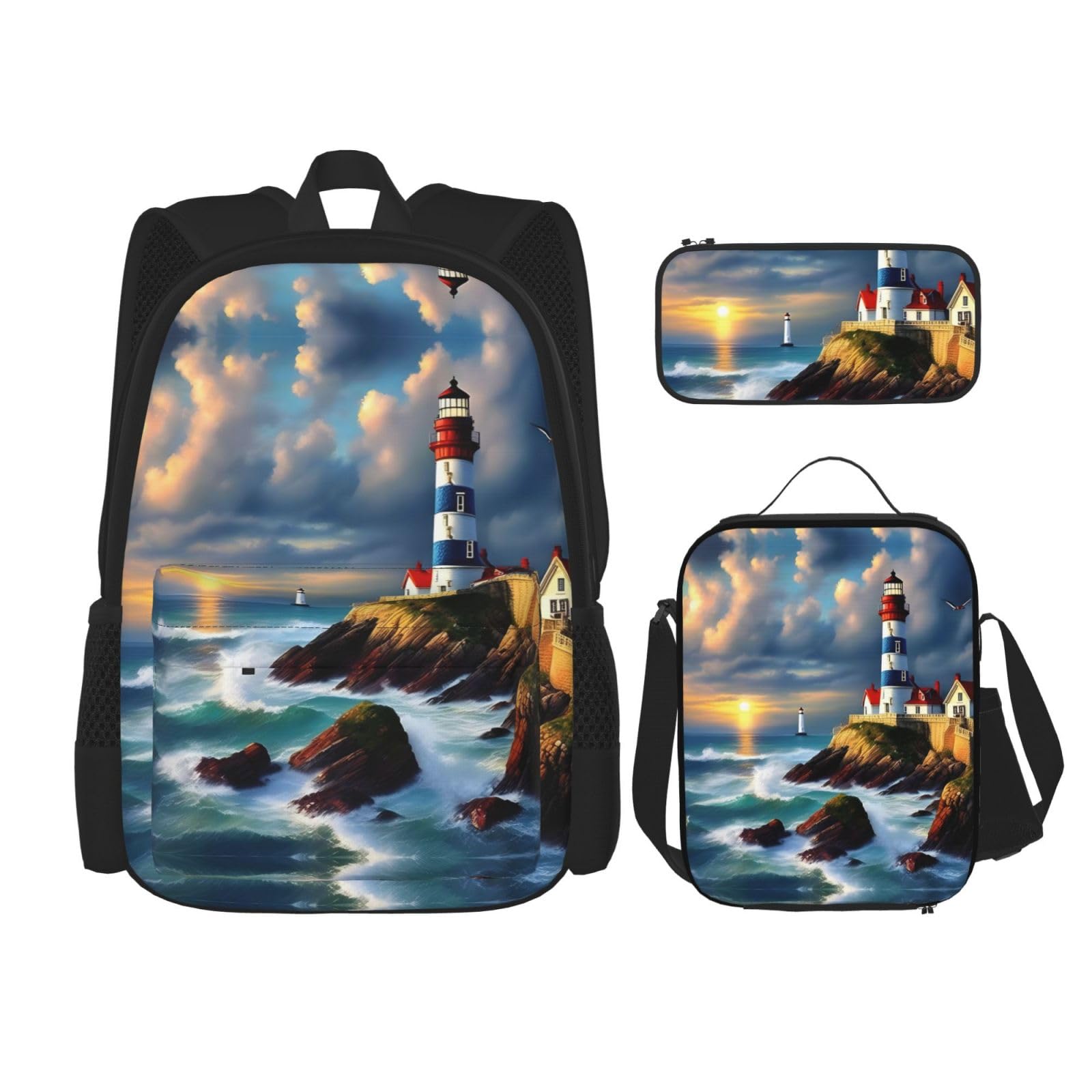 WURTON Lighthouse Diamond Paint Print Travel Lunch Box Pencil Case Backpack Set 3 Pieces Adjustable Straps Lightweight, Black, One Size, Schwarz, One Size