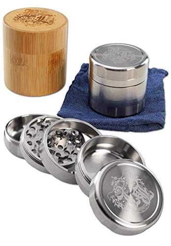 Black Leaf BL Deluxe Grinder 5-teilig Ø 59mm | hochwertiger Crusher aus rostfreiem Stahl | Premium Grinder mit Jeansbeutel und Bambus Box | Höhe 56mm