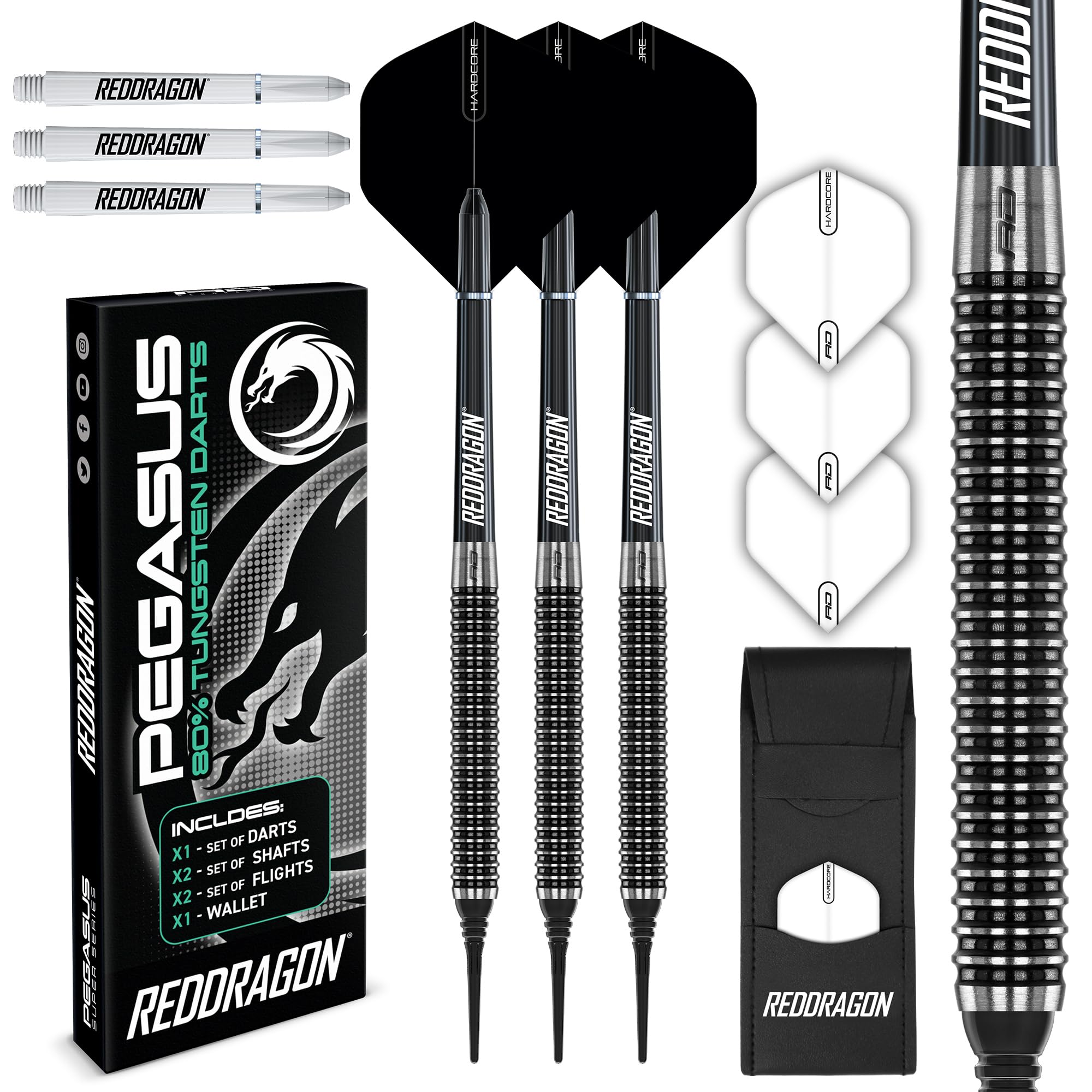 RED DRAGON Pegasus Soft Tip: 20g - Tungsten Darts (Dartpfeile) Set Mit Black Flights und Black Schäfte