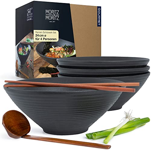 Moritz & Moritz 4x Ramen Schüssel Keramik - 800 bis 1300ml - 24 cm Ø - Schwarzes Ramen Bowl Set für 4 Personen – Für Suppe, Pho und Sushi Bowl – Inkl. Stäbchen und Löffel