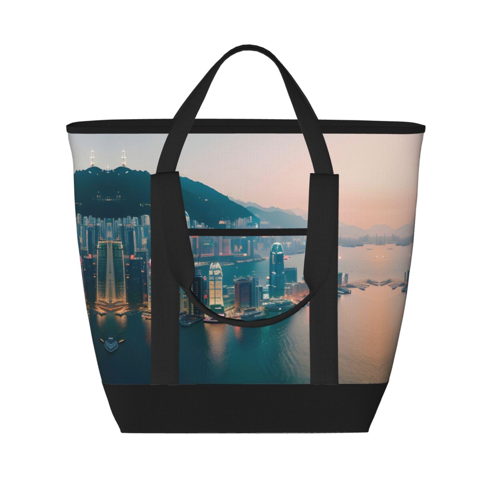 YQxwJL Isolierte Kühltasche mit Hongkong-Aufdruck, großes Fassungsvermögen, Einkaufstasche, Reisen, Strand, wiederverwendbare Einkaufstasche für Erwachsene, Schwarz, Einheitsgröße