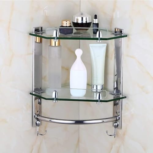 Badezimmer-Eckregal aus Glas, silberner Handtuchhalter aus Edelstahl – Eckregal aus Glas für die Dusche – stilvolles und praktisches Badezimmerregal von Bathroom Corner Shelves, 2 Etagen