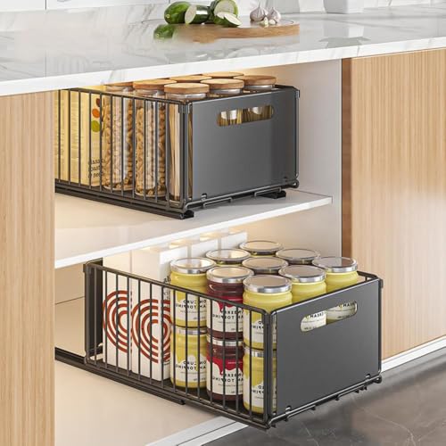 2pcs Erweiterbarer ausziehbarer Schrank-Organizer, selbstklebende ausziehbare Schrankschublade unter dem Spülenschrank für Küchenschränke, Speisekammer, Badezimmeraufbewahrung groß