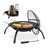 Relaxdays XL Feuerschale, Grill Rost, Schürhaken, Funkenschutz Deckel, Garten, Terrasse, Feuerstelle D 56,5 cm, schwarz