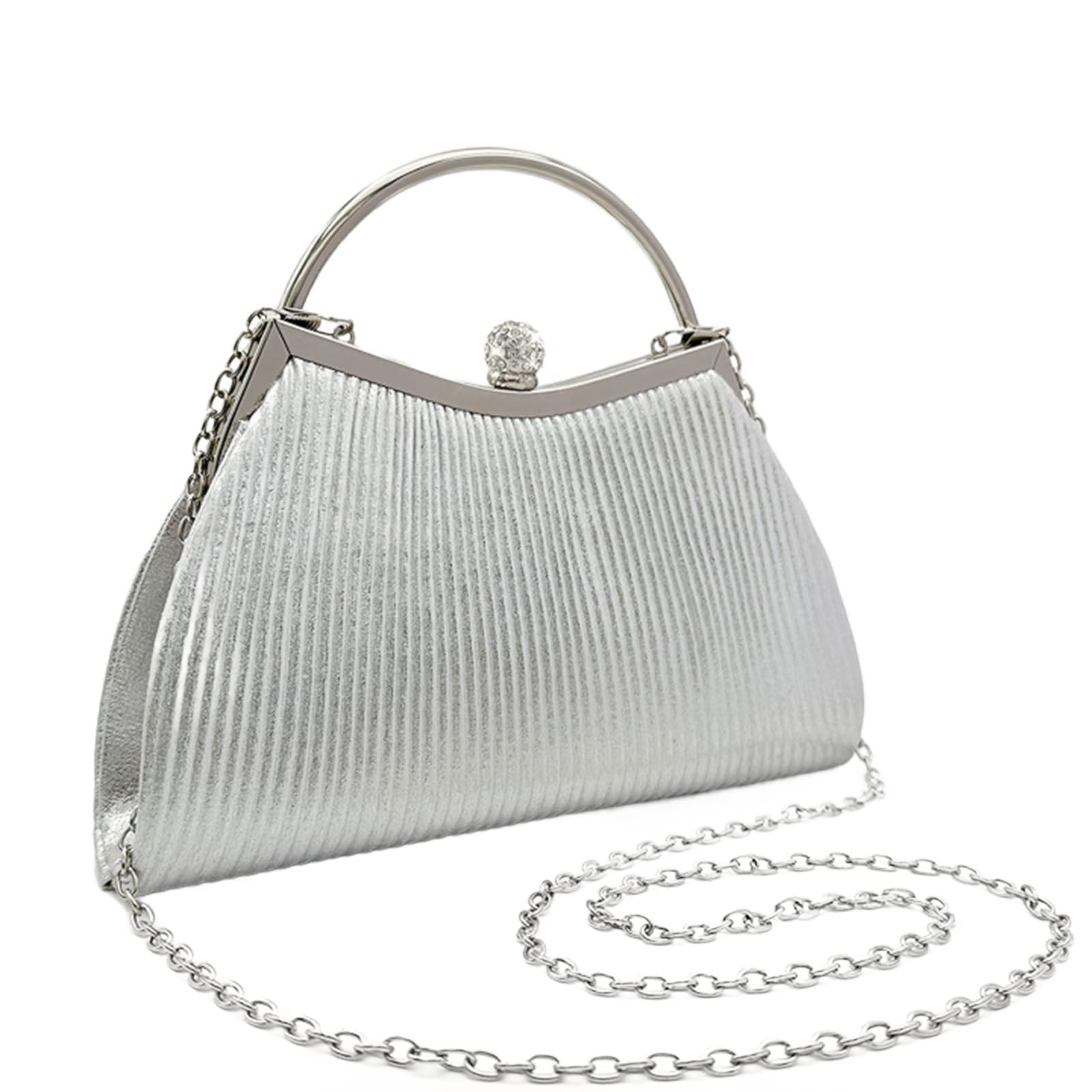 ohodhmnu Damen Tragetasche, Abendtasche, formelle Dame Geldbörse, elegante Party, Bankett, Hochzeit, Clutches Taschen, Handtasche, plissiert, Schultertasche mit Kette, silber, with ribbon