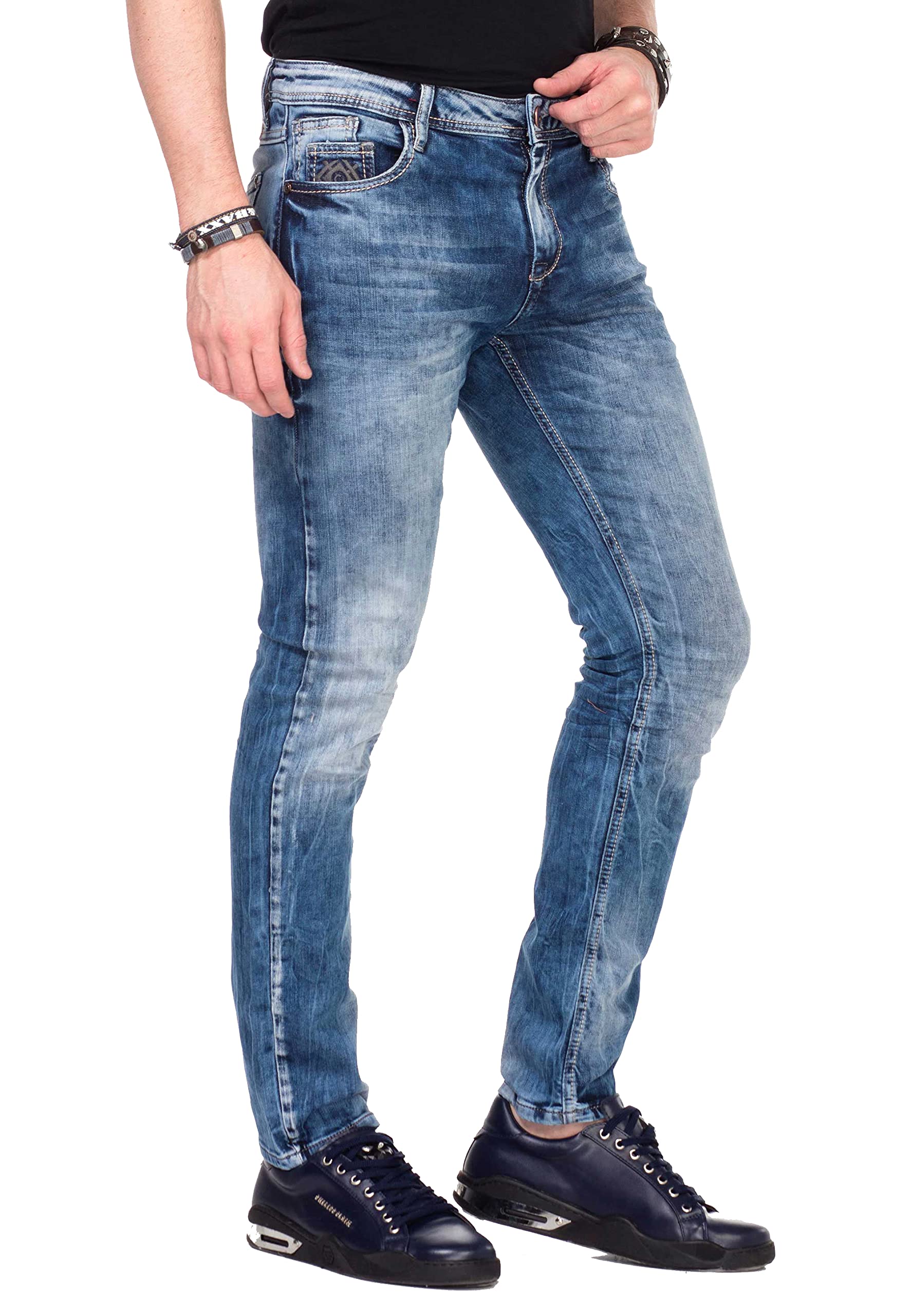 Cipo & Baxx Herren Jeanshose Denim 5-Pocket Design Dicke Naht Used Look Slim Fit Jeans Hose CD319 Blau W38 L30