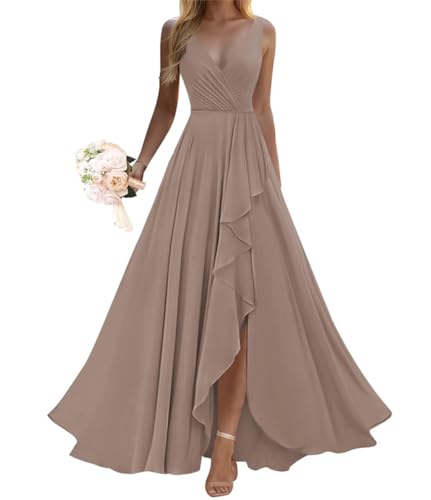 SAMHO Damen Brautjungfernkleider mit V-Ausschnitt und Schlitz, lange Rüschen, formelles Kleid für Hochzeit, taupe, 40