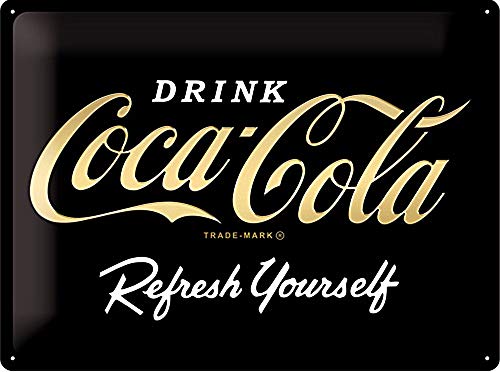 Nostalgic-Art Retro Blechschild, 30 x 40 cm, Coca-Cola – Logo Black Refresh Yourself – Geschenk-Idee für Coke-Fans, aus Metall, Metallic Vintage Design