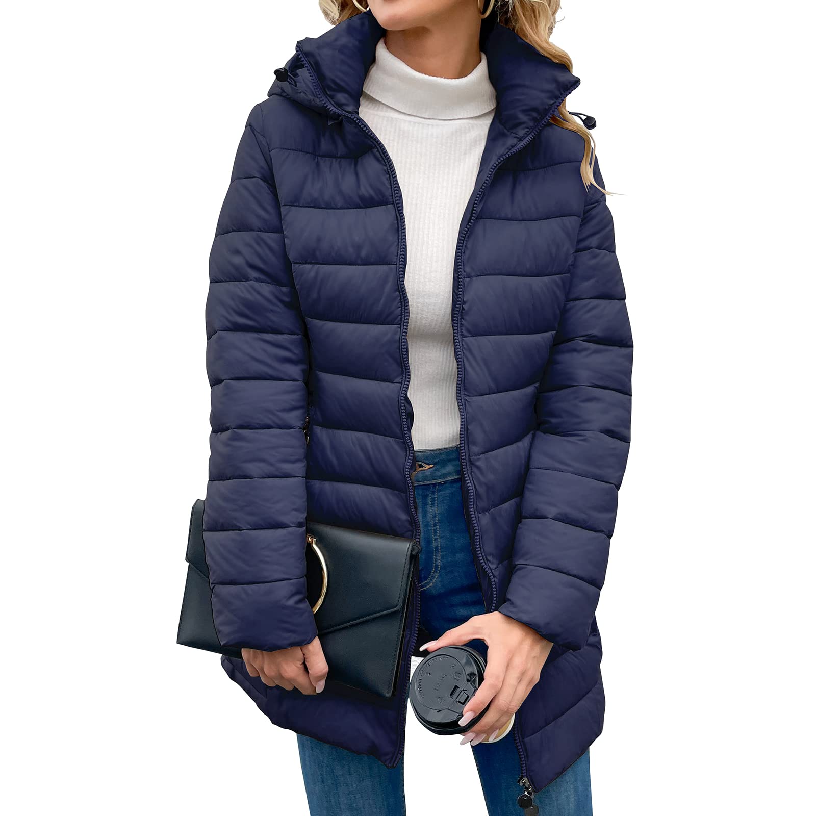 Damen Puffer Jacke Full Zip Langarm Daunenmäntel Gesteppte Komfortjacke mit Taschen (as3, alpha, m, regular, regular, Blau)