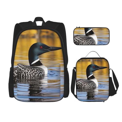 DENMER Mehrzweck-Schultasche mit pinkem Flamingo am Strand, mit passendem Federmäppchen und Lunchtasche, stilvolle All-in-One-Lösung, Loon Birds, Einheitsgröße