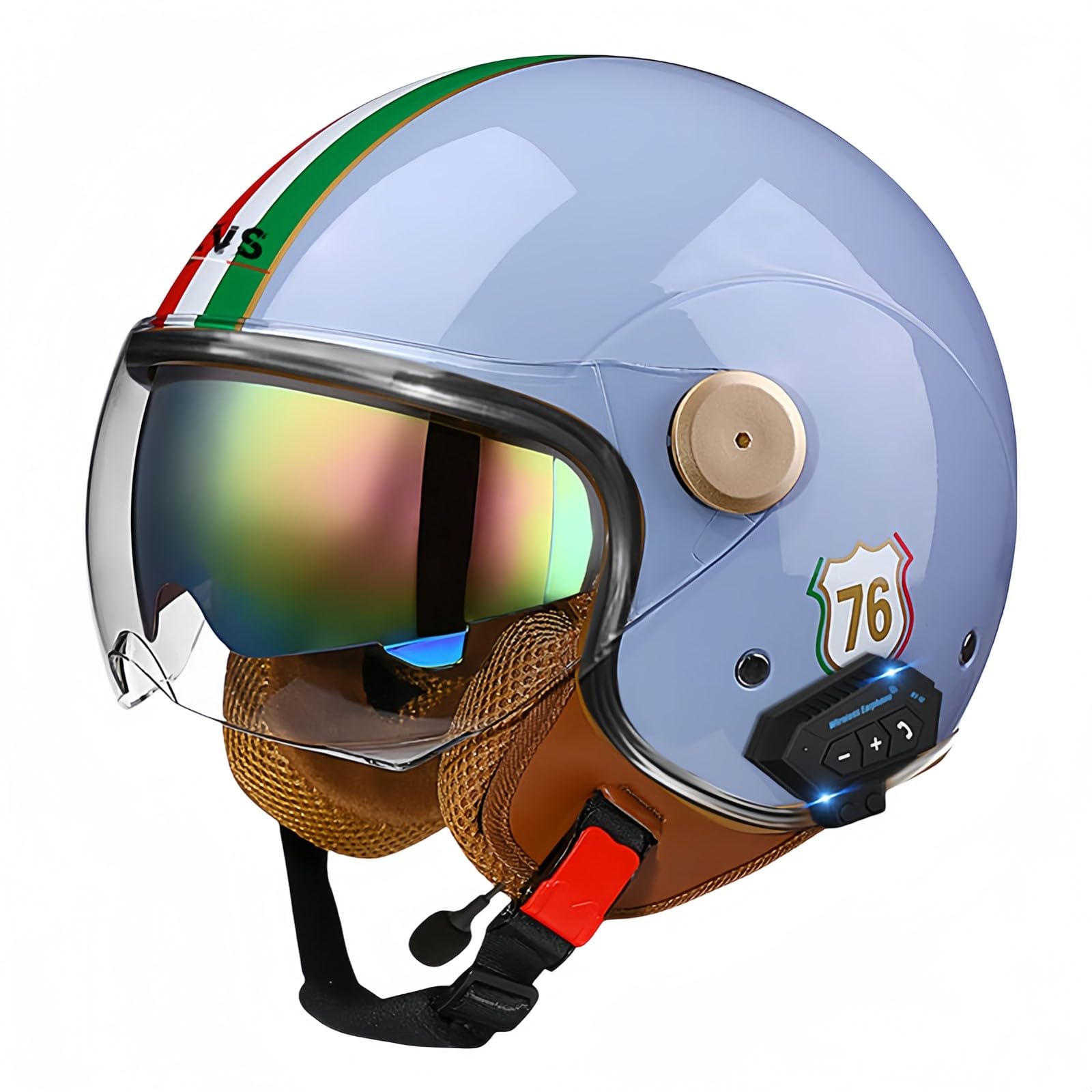 3/4-Bluetooth-Helm mit offenem Gesicht, Vintage-Motorrad-Halbhelm, ECE-zugelassenes Moped mit Doppelvisier, Motorradhelm für Männer, Erwachsene, Frauen V,XXL63-64CM