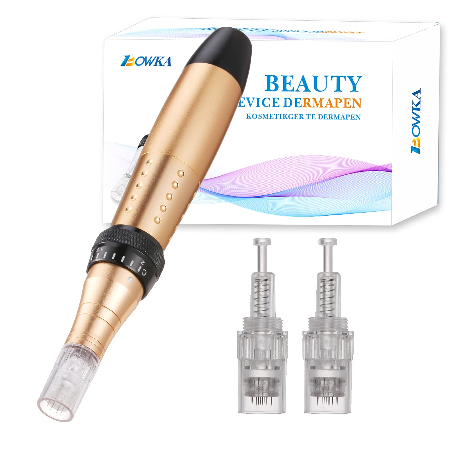 BOWKA Derma Pen elektrischer Microneedling Pen 0,25mm-2,0mm inkl. 2 Stück Ersatznadelpatronen verstellbare Nadellänge & Geschwindigkeit (Gold)