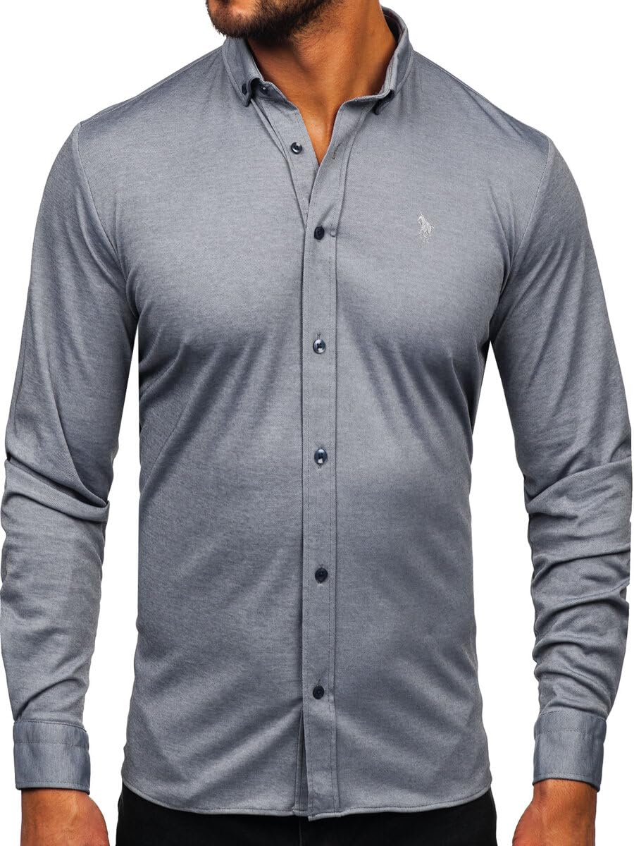 BOLF Herren Hemd Langarm Freizeithemd Langarmhemd Elegant Business Party Bügelleicht Farbwahl Classic Basic Slim Fit Casual Style 500 Grau M [2B2]