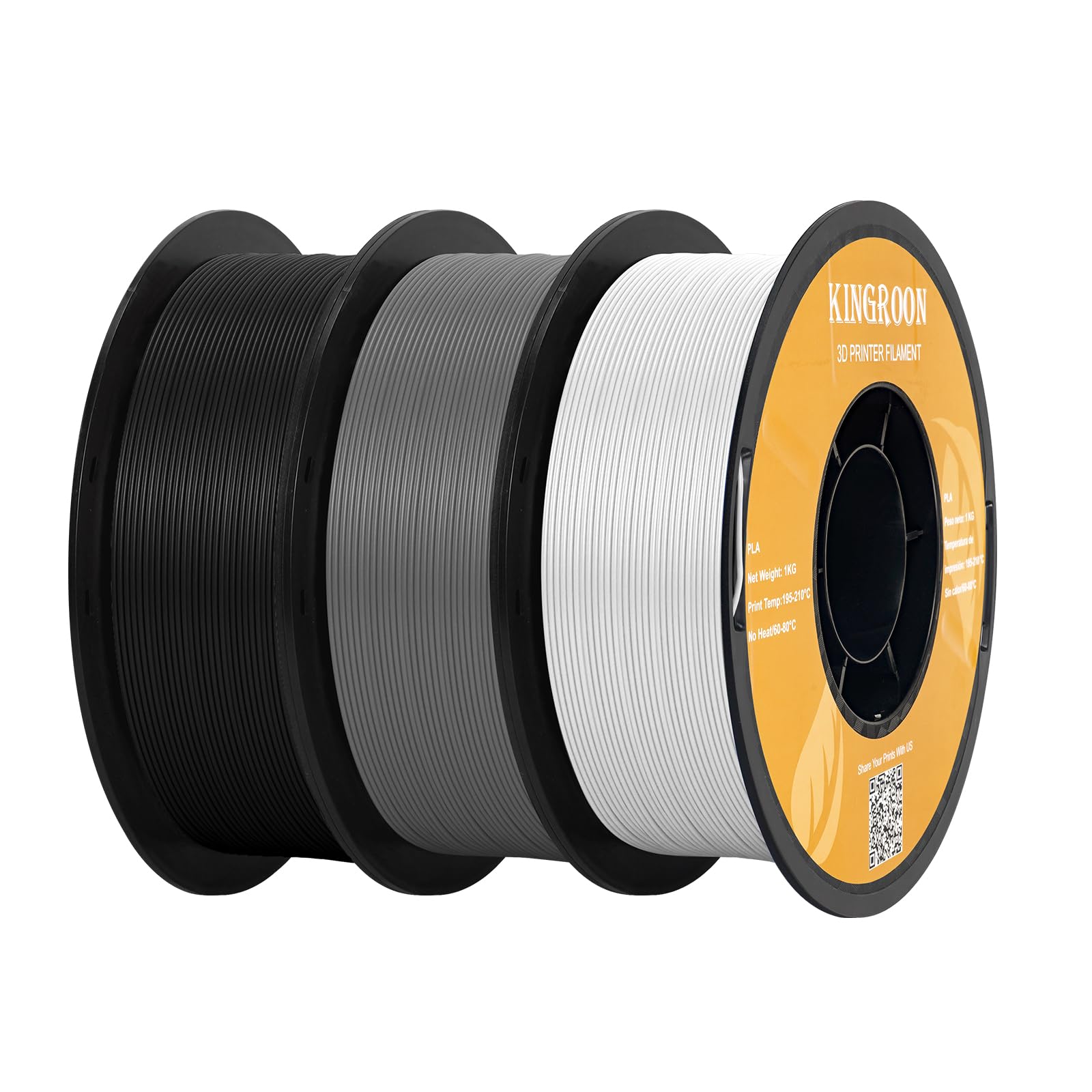 Kingroon PLA Filament,PLA Filament 1.75 für 3D-Drucker, Maßgenauigkeit +/- 0,03 mm, 3-kg-Spule (6,6 lbs), 1,75 mm,PLA Filament 1.75 1kg bundle Schwarz+Grau+Weiß