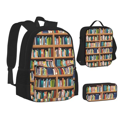 WURTON Büchertasche mit Flamingo-Druck, Federmäppchen, 3-in-1, Schulrucksack-Set, Kinderrucksack, Bibliothek Bücherregal, Einheitsgröße