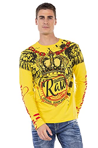 Cipo & Baxx Herren Langarmshirt Print Strassstein Longsleeve Rundhals Shirt Sweatshirt CL451 Gelb M