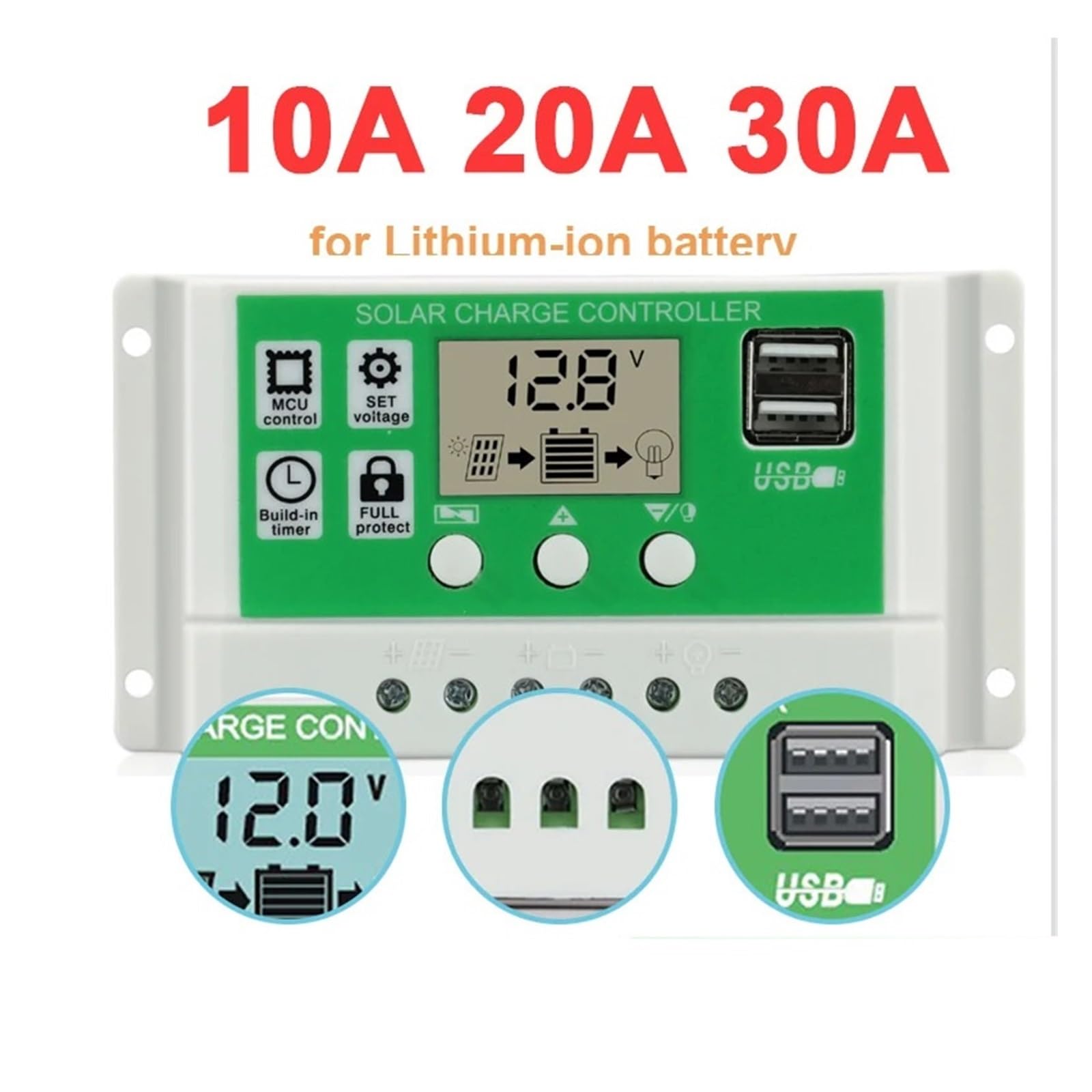 Solarregler, 30A 20A 10A PWM Solar Laderegler Lithium Batterie Blei Säure Batterie 12V 24V Auto Mit Dual USB Solar Regler(30A)